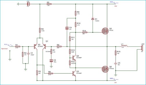 Схема усилителя на МОП-транзисторах мощностью 50 Вт 